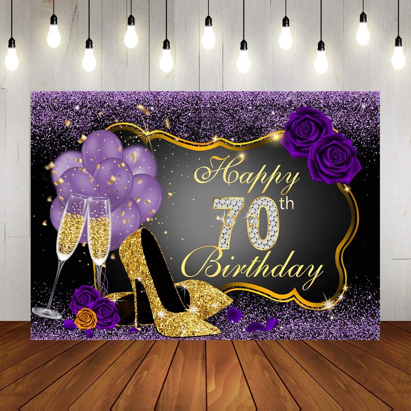 LoveInM Happy 70th Birthday Backdrops Shining Purple Dots and Gold Frame Photography Background for Party Decorations Rose Floral Balloons Heels Champagne Glass Party Banner Supplies Photo Studio Props 7x5ft - Image 1